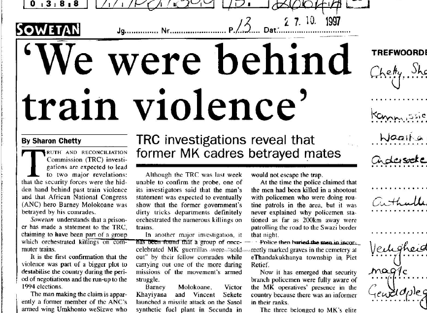 We were behind train violence, by Sharon Chetty, Sowetan, 27 October 1997